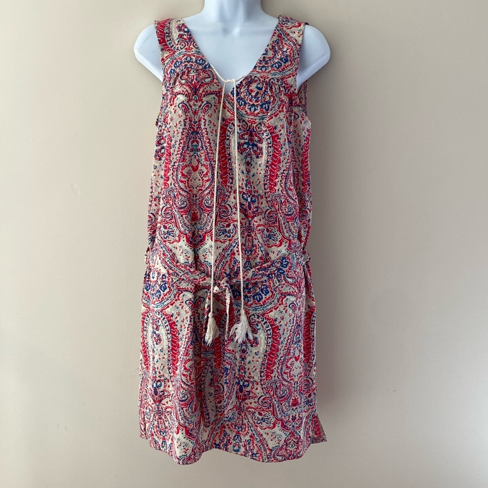 Ema Blues Womens Bambou Sheath Dress Multicolor Geometric Belted Sleeveless M